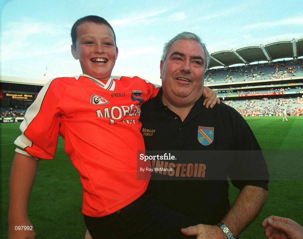 1 September 2002; Armagh manager Joe Kernan celebrates with his son Ross following the Bank of Ireland All-Ireland Senior Football Championship Semi-Final match between Armagh and Dublin at Croke Park in Dublin. Photo by Ray McManus/Sportsfile