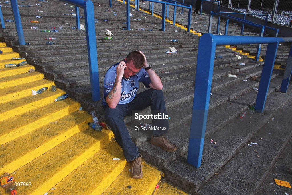 1 September 2002; A Dublin supporter on Hill 16 following their defeat in the Bank of Ireland All-Ireland Senior Football Championship Semi-Final match between Armagh and Dublin at Croke Park in Dublin. Photo by Ray McManus/Sportsfile
