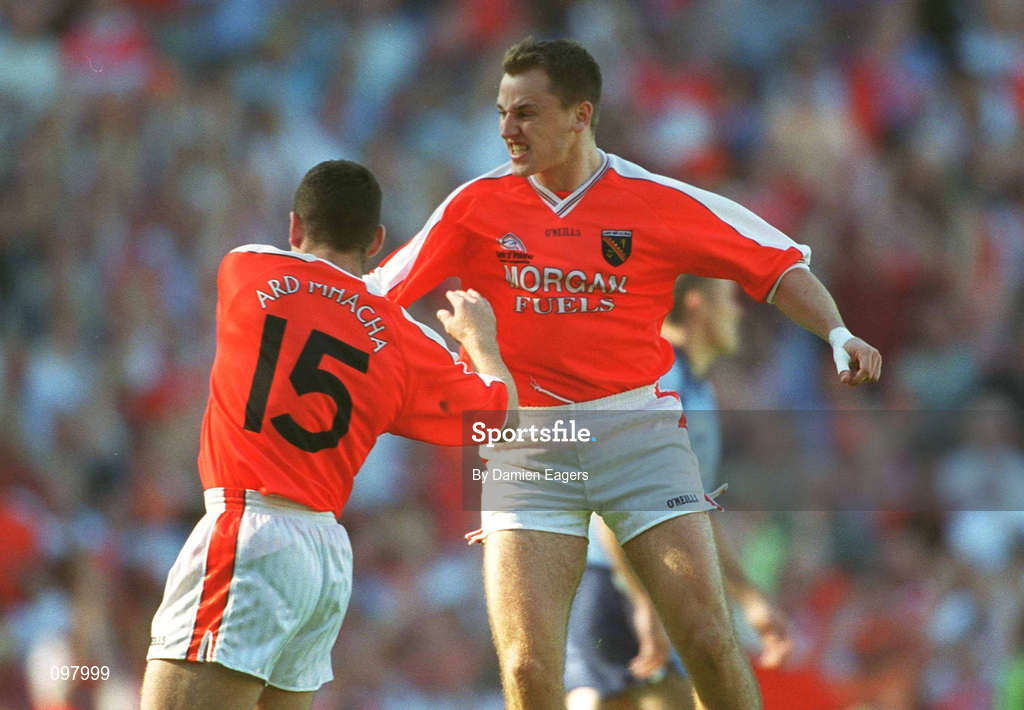 1 September 2002; Paddy McKeever of Armagh celebrates his side's only goal with teammate Diarmuid Marsden, left, during the Bank of Ireland All-Ireland Senior Football Championship Semi-Final match between Armagh and Dublin at Croke Park in Dublin. Photo by Damien Eagers/Sportsfile