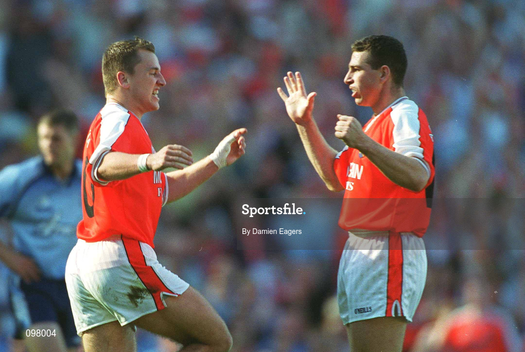 1 September 2002; Paddy McKeever of Armagh celebrates his side's only goal with teammate Diarmuid Marsden, right, during the Bank of Ireland All-Ireland Senior Football Championship Semi-Final match between Armagh and Dublin at Croke Park in Dublin. Photo by Damien Eagers/Sportsfile