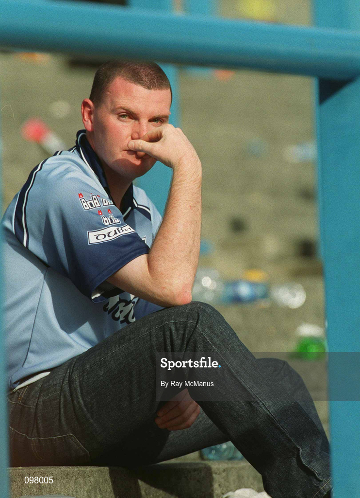1 September 2002; A disconsolate Dublin supporter sits on Hill 16 following the Bank of Ireland All-Ireland Senior Football Championship Semi-Final match between Armagh and Dublin at Croke Park in Dublin. Photo by Ray McManus/Sportsfile