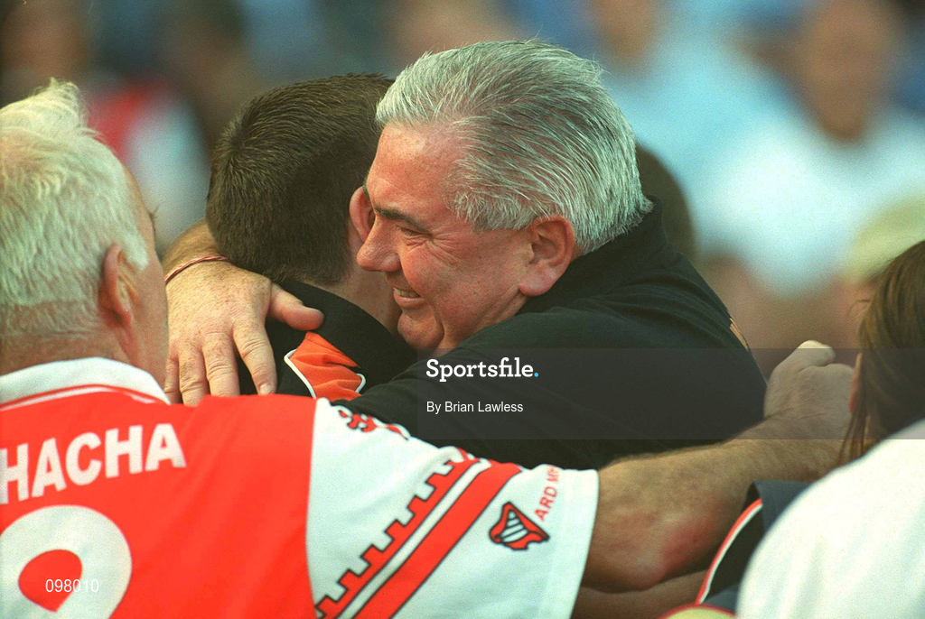 1 September 2002; Armagh manager Joe Kernan celebrates his side's victory in the Bank of Ireland All-Ireland Senior Football Championship Semi-Final match between Armagh and Dublin at Croke Park in Dublin. Photo by Brian Lawless/Sportsfile