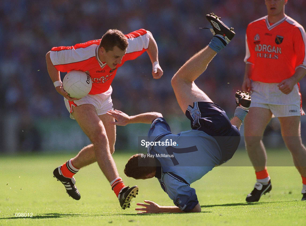 1 September 2002; Paddy McKeever of Armagh in action against Peadar Andrews of Dublin during the Bank of Ireland All-Ireland Senior Football Championship Semi-Final match between Armagh and Dublin at Croke Park in Dublin. Photo by Ray McManus/Sportsfile