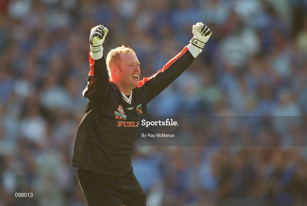 1 September 2002; Armagh goalkeeper Brendan Tierney celebrates at the end of the Bank of Ireland All-Ireland Senior Football Championship Semi-Final match between Armagh and Dublin at Croke Park in Dublin. Photo by Ray McManus/Sportsfile