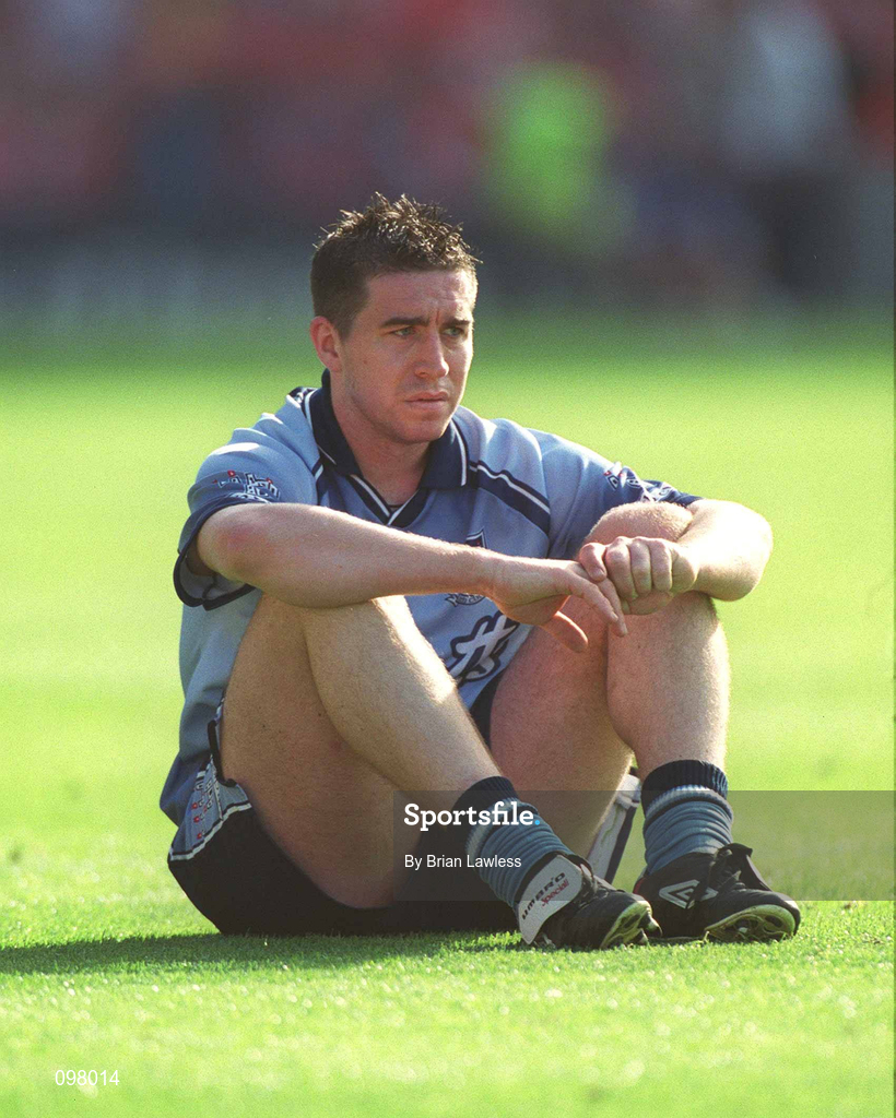 1 September 2002; Dublin's Jonathan Magee shows his dissapointment following his side's defeat in the Bank of Ireland All-Ireland Senior Football Championship Semi-Final match between Armagh and Dublin at Croke Park in Dublin. Photo by Brian Lawless/Sportsfile
