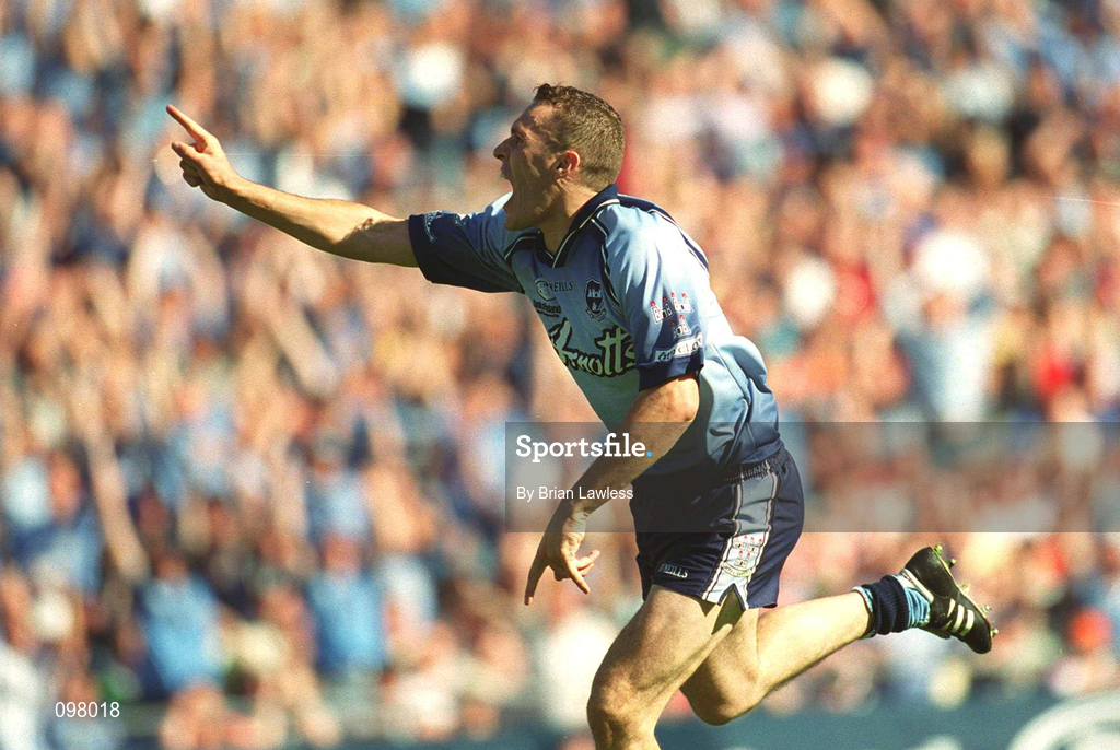 1 September 2002; Dublin's Ciaran Whelan celebrates his goal during the Bank of Ireland All-Ireland Senior Football Championship Semi-Final match between Armagh and Dublin at Croke Park in Dublin. Photo by Brian Lawless/Sportsfile