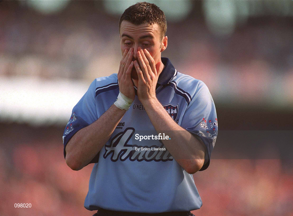 1 September 2002; Dublin's Ray Cosgrove rues a missed chance late in the second half of the Bank of Ireland All-Ireland Senior Football Championship Semi-Final match between Armagh and Dublin at Croke Park in Dublin. Photo by Brian Lawless/Sportsfile