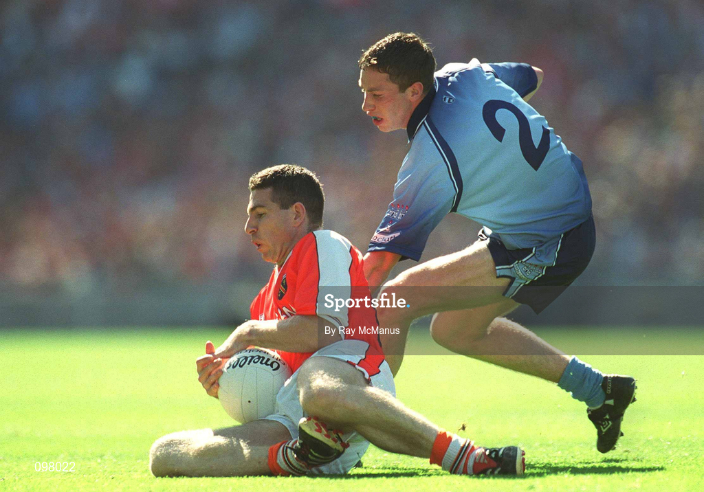 1 September 2002; Diarmuid Marsden of Armagh in action against Barry Cahill of Dublin during the Bank of Ireland All-Ireland Senior Football Championship Semi-Final match between Armagh and Dublin at Croke Park in Dublin. Photo by Ray McManus/Sportsfile