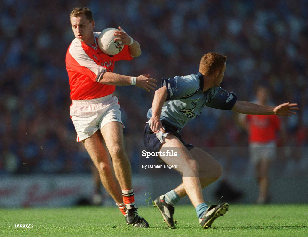 1 September 2002; Paddy McKeever of Armagh in action against Peadar Andrews of Dublin during the Bank of Ireland All-Ireland Senior Football Championship Semi-Final match between Armagh and Dublin at Croke Park in Dublin. Photo by Damien Eagers/Sportsfile