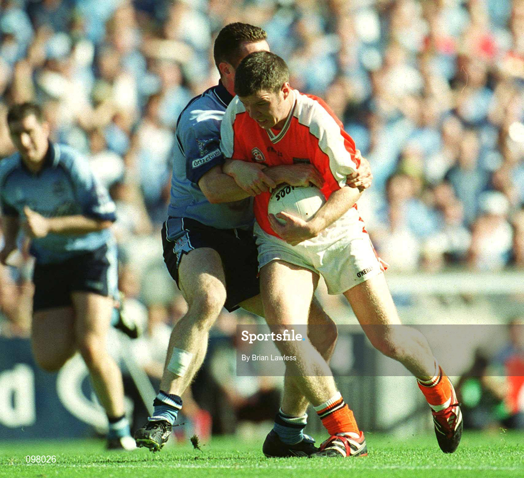 1 September 2002; Ronan Clarke of Armagh in action against Paddy Christie of Dublin during the Bank of Ireland All-Ireland Senior Football Championship Semi-Final match between Armagh and Dublin at Croke Park in Dublin. Photo by Brian Lawless/Sportsfile