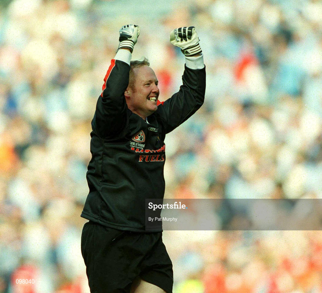 1 September 2002; Armagh goalkeeper Brendan Tierney celebrates at the final whistle of the Bank of Ireland All-Ireland Senior Football Championship Semi-Final match between Armagh and Dublin at Croke Park in Dublin. Photo by Pat Murphy/Sportsfile