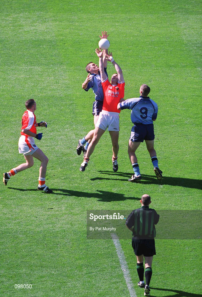 1 September 2002; Ciaran Whelan of Dublin contests the throw in against Paul McGrane of Armagh during the Bank of Ireland All-Ireland Senior Football Championship Semi-Final match between Armagh and Dublin at Croke Park in Dublin. Photo by Pat Murphy/Sportsfile