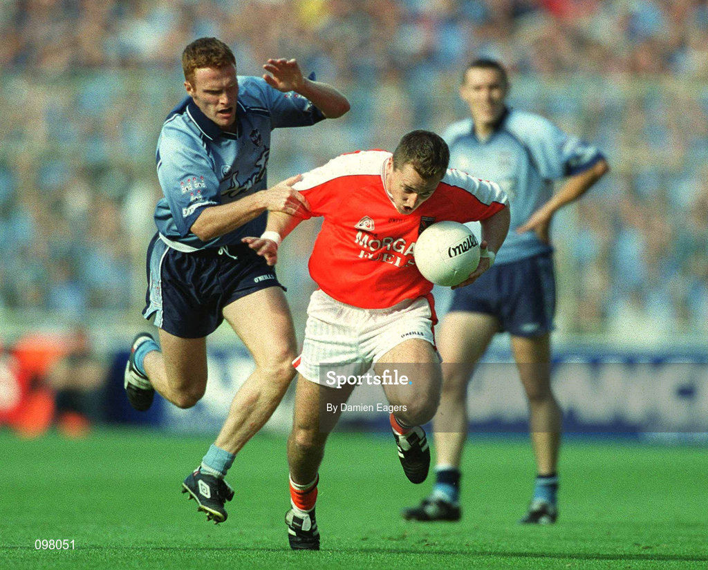 1 September 2002; Paddy McKeever of Armagh in action against Peadar Andrews of Dublin during the Bank of Ireland All-Ireland Senior Football Championship Semi-Final match between Armagh and Dublin at Croke Park in Dublin. Photo by Damien Eagers/Sportsfile