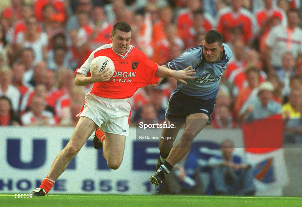 1 September 2002; Oisin McConville of Armagh in action against Paul Casey of Dublin during the Bank of Ireland All-Ireland Senior Football Championship Semi-Final match between Armagh and Dublin at Croke Park in Dublin. Photo by Damien Eagers/Sportsfile