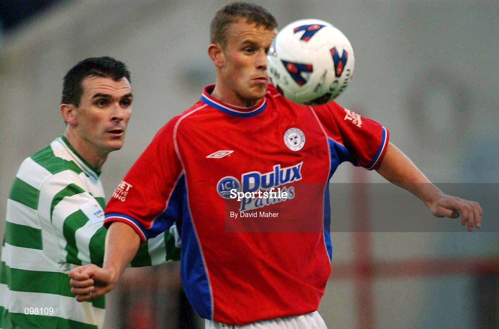 2 September 2002; Mark Roberts of Shelbourne in action against Pat Scully of Shamrock Rovers during the eircom League Premier Division match between Shamrock Rovers and Shelbourne at Tolka Park in Dublin. Photo by David Maher/Sportsfile