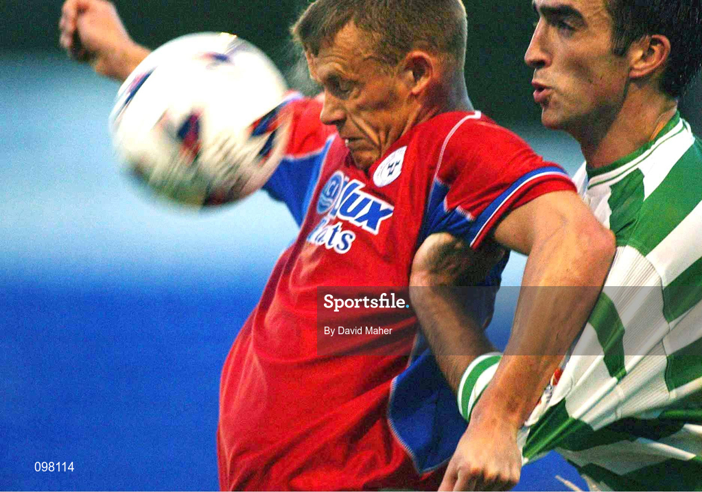 2 September 2002; Mark Roberts of Shelbourne in action against Terry Palmer of Shamrock Rovers during the eircom League Premier Division match between Shamrock Rovers and Shelbourne at Tolka Park in Dublin. Photo by David Maher/Sportsfile