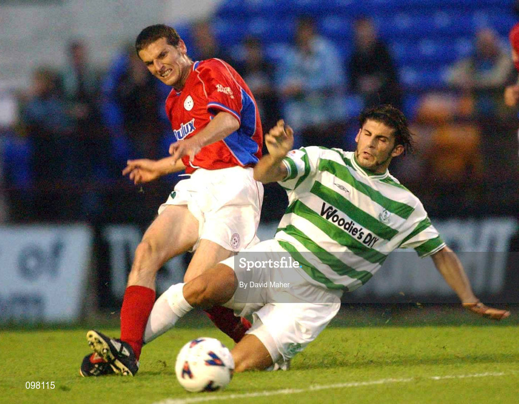 2 September 2002; Jim Crawford of Shelbourne in action against Luke Dimech of Shamrock Rovers during the eircom League Premier Division match between Shamrock Rovers and Shelbourne at Tolka Park in Dublin. Photo by David Maher/Sportsfile