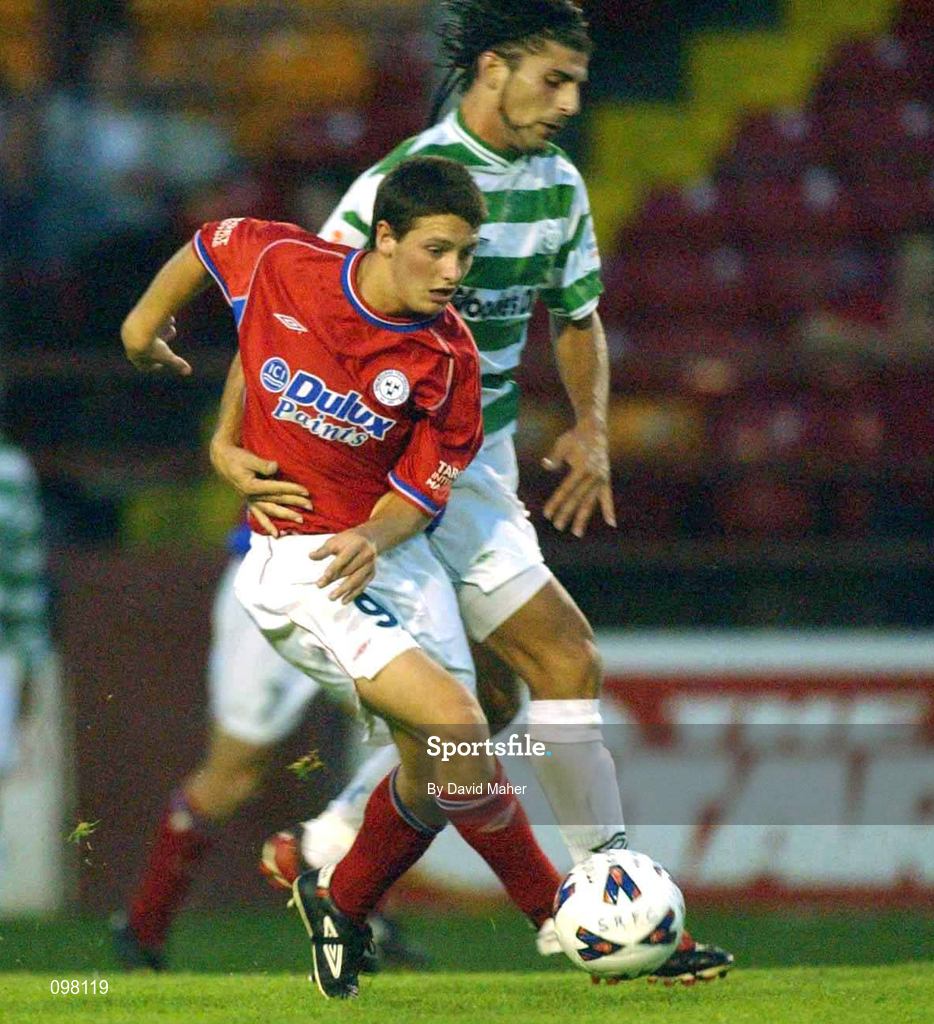 2 September 2002; Wesley Houlihan of Shelbourne in action against Luke Dimech of Shamrock Rovers during the eircom League Premier Division match between Shamrock Rovers and Shelbourne at Tolka Park in Dublin. Photo by David Maher/Sportsfile