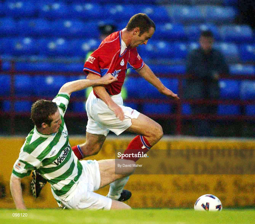 2 September 2002; Ollie Cahill of Shelbourne in action against Graham O'Keeffe of Shamrock Rovers during the eircom League Premier Division match between Shamrock Rovers and Shelbourne at Tolka Park in Dublin. Photo by David Maher/Sportsfile