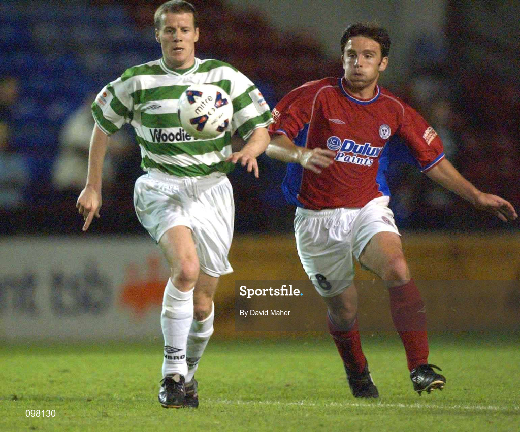 2 September 2002; Stuart Byrne of Shelbourne in action against James Keddy of Shamrock Rovers during the eircom League Premier Division match between Shamrock Rovers and Shelbourne at Tolka Park in Dublin. Photo by David Maher/Sportsfile