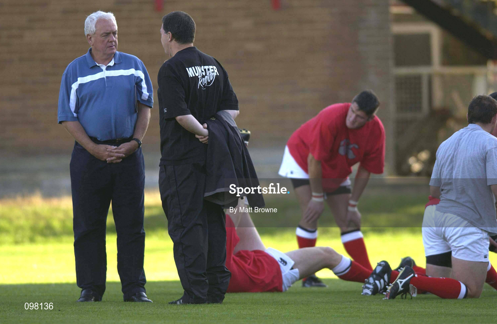 31 August 2002; Munster coach Alan Gaffney, left, in conversation with his assistant Brian Hickey prior to the Celtic League Pool A match between Llanelli and Munster at Stradey Park in Llanelli, Wales. Photo by Matt Browne/Sportsfile