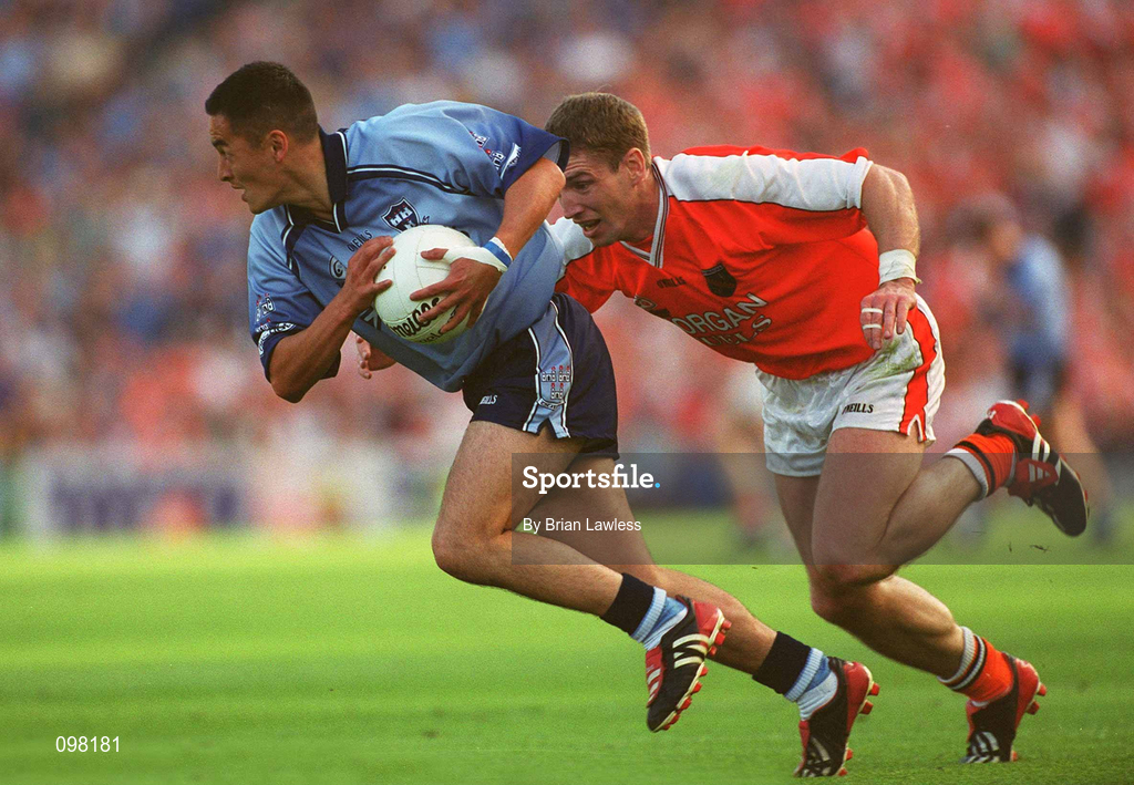 1 September 2002; Jason Sherlock of Dublin in action against Kieran McGeeney of Armagh during the Bank of Ireland All-Ireland Senior Football Championship Semi-Final match between Armagh and Dublin at Croke Park in Dublin. Photo by Brian Lawless/Sportsfile