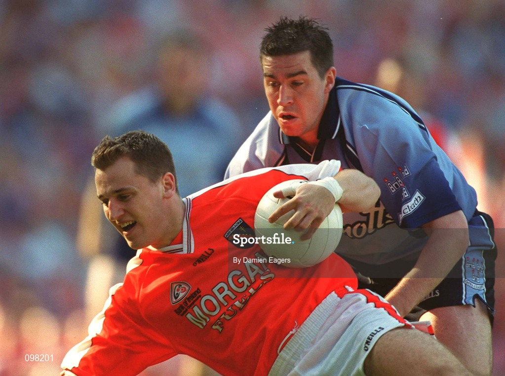 1 September 2002; Paddy McKeever of Armagh in action against John Magee of Dublin during the Bank of Ireland All-Ireland Senior Football Championship Semi-Final match between Armagh and Dublin at Croke Park in Dublin. Photo by Damien Eagers/Sportsfile