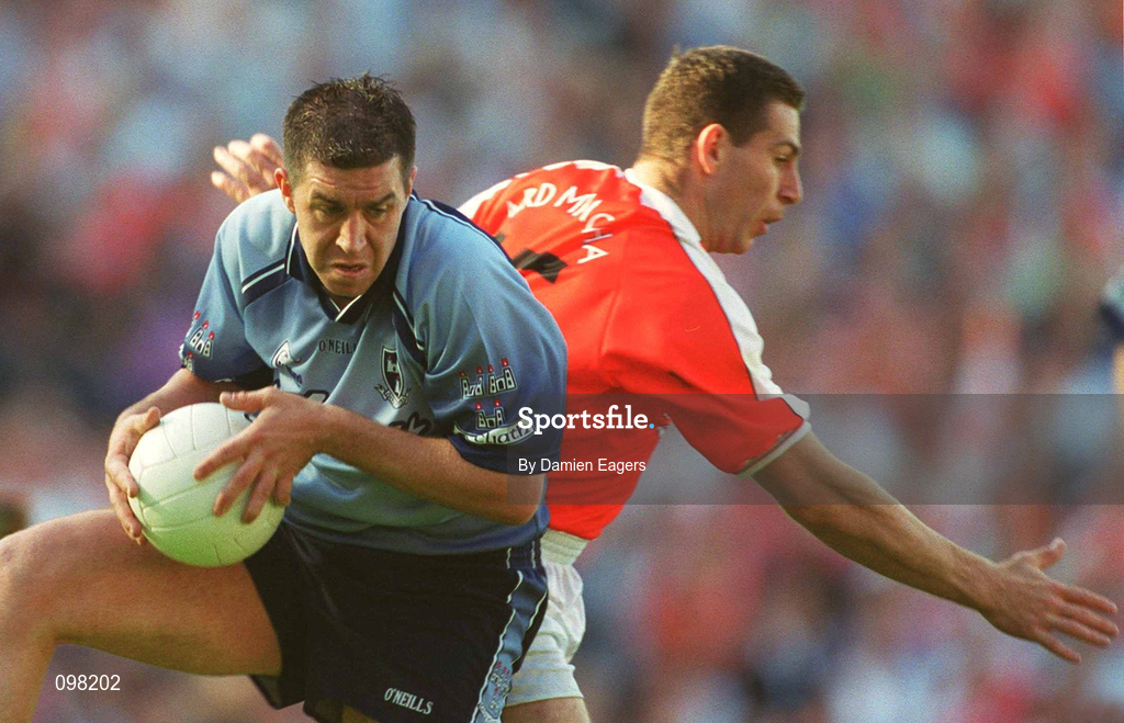 1 September 2002; John Magee of Dublin in action against Diarmaid Marsden of Armagh during the Bank of Ireland All-Ireland Senior Football Championship Semi-Final match between Armagh and Dublin at Croke Park in Dublin. Photo by Damien Eagers/Sportsfile