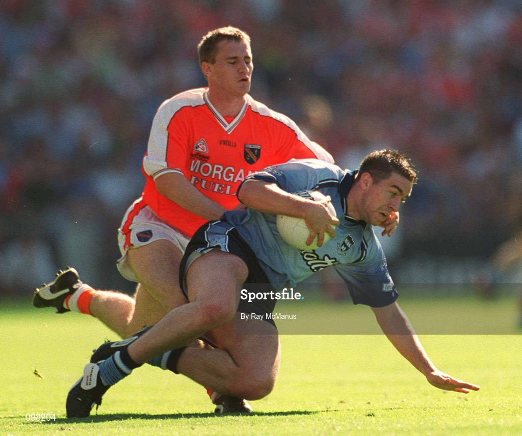1 September 2002; John Magee of Dublin in action against John McEntee of Armagh during the Bank of Ireland All-Ireland Senior Football Championship Semi-Final match between Armagh and Dublin at Croke Park in Dublin. Photo by Ray McManus/Sportsfile