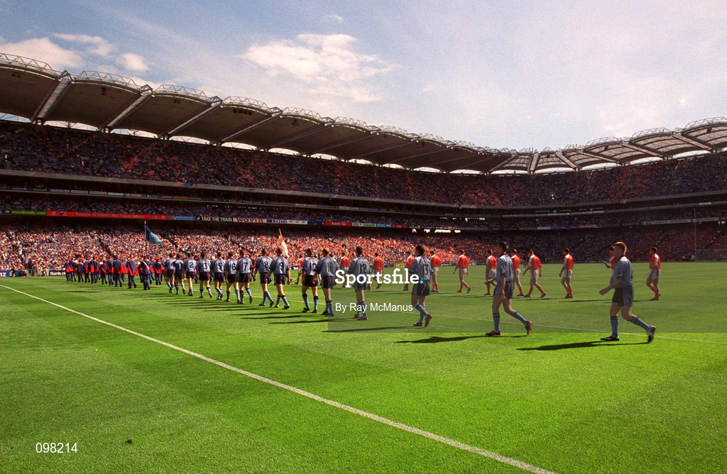 1 September 2002; Both teams during the pre-match parade prior to the Bank of Ireland All-Ireland Senior Football Championship Semi-Final match between Armagh and Dublin at Croke Park in Dublin. Photo by Ray McManus/Sportsfile