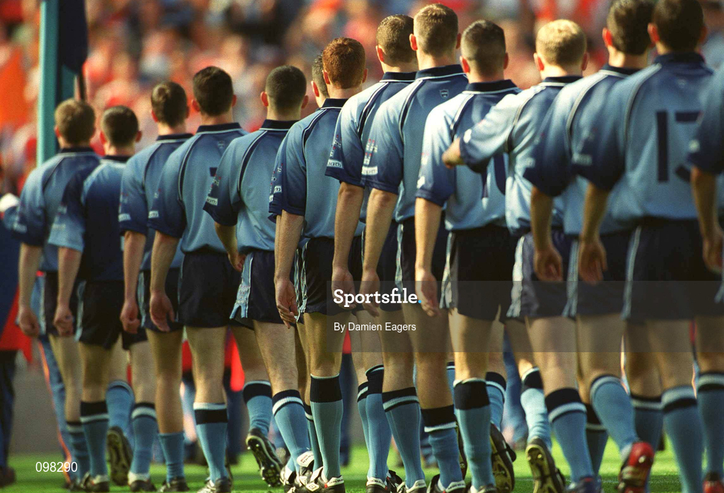 1 September 2002; The Dublin team take part in the pre-match parade prior to the Bank of Ireland All-Ireland Senior Football Championship Semi-Final match between Armagh and Dublin at Croke Park in Dublin. Photo by Damien Eagers/Sportsfile