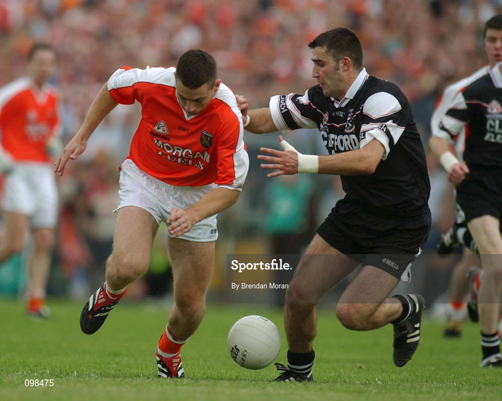 18 August 2002; Diarmuid Marsden of Armagh in action against Brendan Phillips of Sligo during the Bank of Ireland All-Ireland Senior Football Championship Quarter-Final Replay match between Armagh and Sligo at Páirc Táilteann in Navan, Meath. Photo by Brendan Moran/Sportsfile