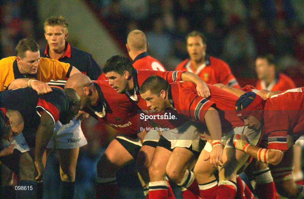 31 August 2002; Munster forwards, from left, John Hayes, James Blaney and Marcus Horan prepare for a scrum during the Celtic League Pool A match between Llanelli and Munster at Stradey Park in Llanelli, Wales. Photo by Matt Browne/Sportsfile