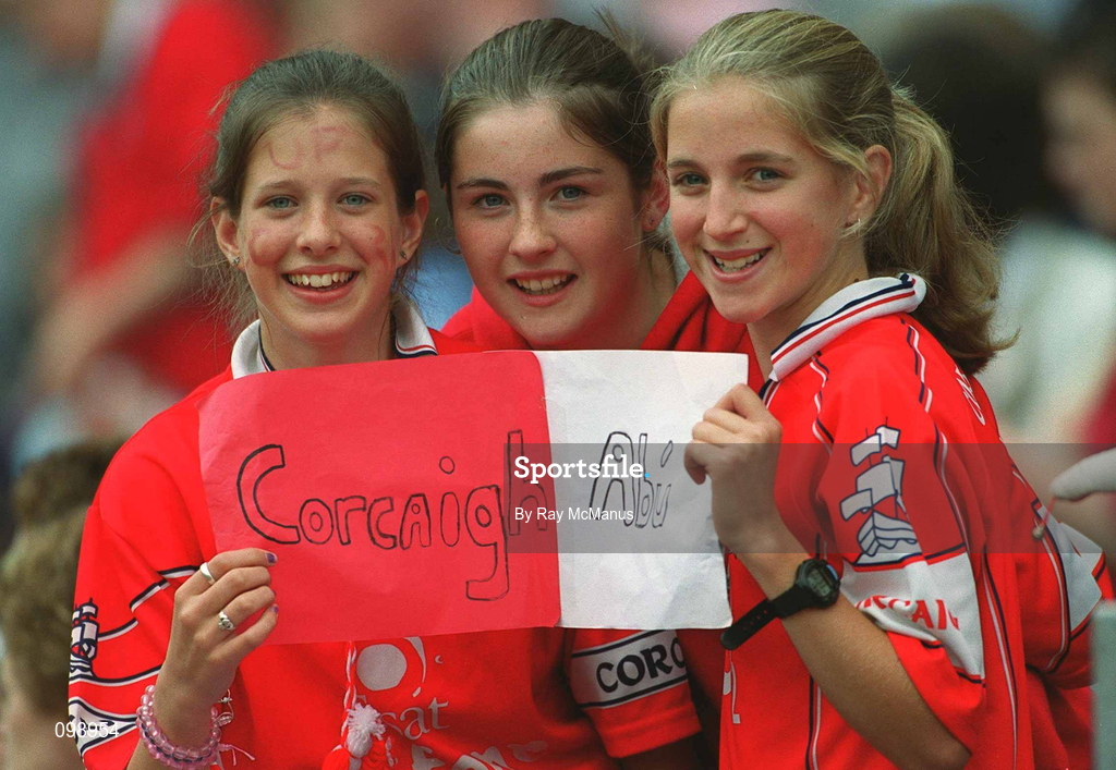15 September 2002; Cork supporters from the Sarsfields Camogie Club, Claire Holland, Maude Kelleher and Doris Murphy, during the All-Ireland Senior Camogie Championship Final match between Cork and Tipperary at Croke Park in Dublin. Photo by Ray McManus/Sportsfile