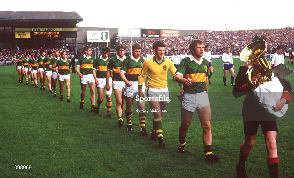 11 August 1985; Kerry captain Paidi O'Se leads goalkeeper Charlie Nelligan and the rest of the Kerry team in the pre-match parade prior to the All-Ireland Senior Football Championship semi-final match between Kerry and Monaghan at Croke Park in Dublin. Photo by Ray McManus/Sportsfile