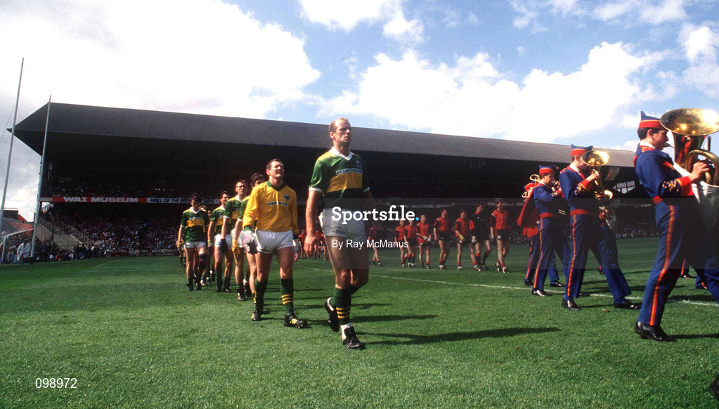11 August 1991; Kerry captain Jack O'Shea leads goalkeeper Charlie Nelligan and the rest of the Kerry team around the pitch during the pre-match parade prior to the All-Ireland Senior Football Championship Semi-Final match between Down and Kerry at Croke Park in Dublin. Photo by Ray McManus/Sportsfile