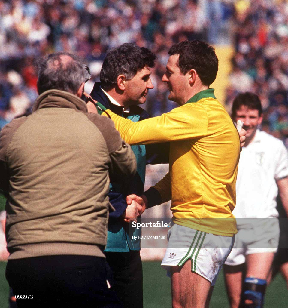14 April 1991; Kerry goalkeeper Charlie Nelligan, right, congratulates Kildare manager Mick O'Dwyer after Kildare defeated Kerry in the Royal Liver Assurance National Football League match between Kildare and Kerry at Croke Park in Dublin. Photo by Ray McManus/Sportsfile