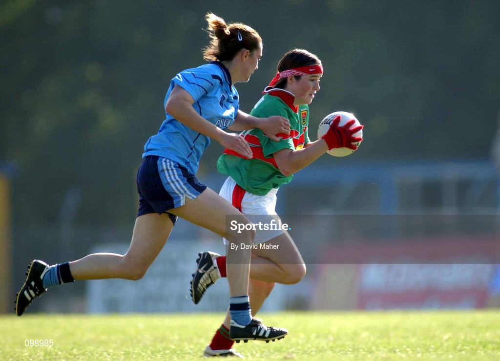 14 September 2002; Michelle McGing of Mayo in action against Orla Colreavy of Dublin during the All-Ireland Ladies Football Championship semi-final match between Dublin and Mayo at Pearse Park in Longford. Photo by David Maher/Sportsfile