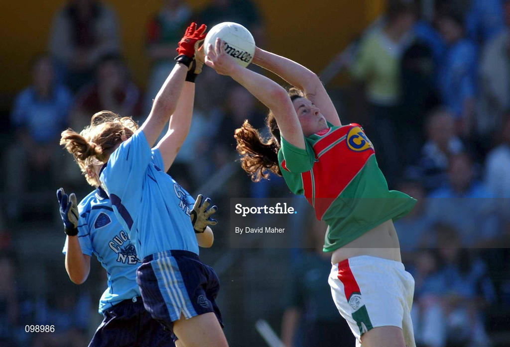 14 September 2002; Helena Lohan of Mayo in action against Mary Nevin of Dublin during the All-Ireland Ladies Football Championship semi-final match between Dublin and Mayo at Pearse Park in Longford. Photo by David Maher/Sportsfile
