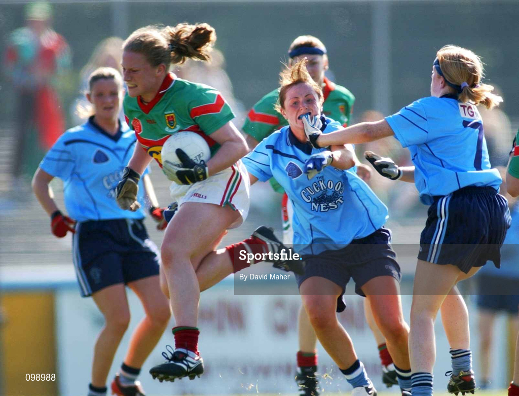 14 September 2002; Clare Ega of Mayo in action against Gemma Faye and Niamh McEvoy of Dublin during the All-Ireland Ladies Football Championship semi-final match between Dublin and Mayo at Pearse Park in Longford. Photo by David Maher/Sportsfile