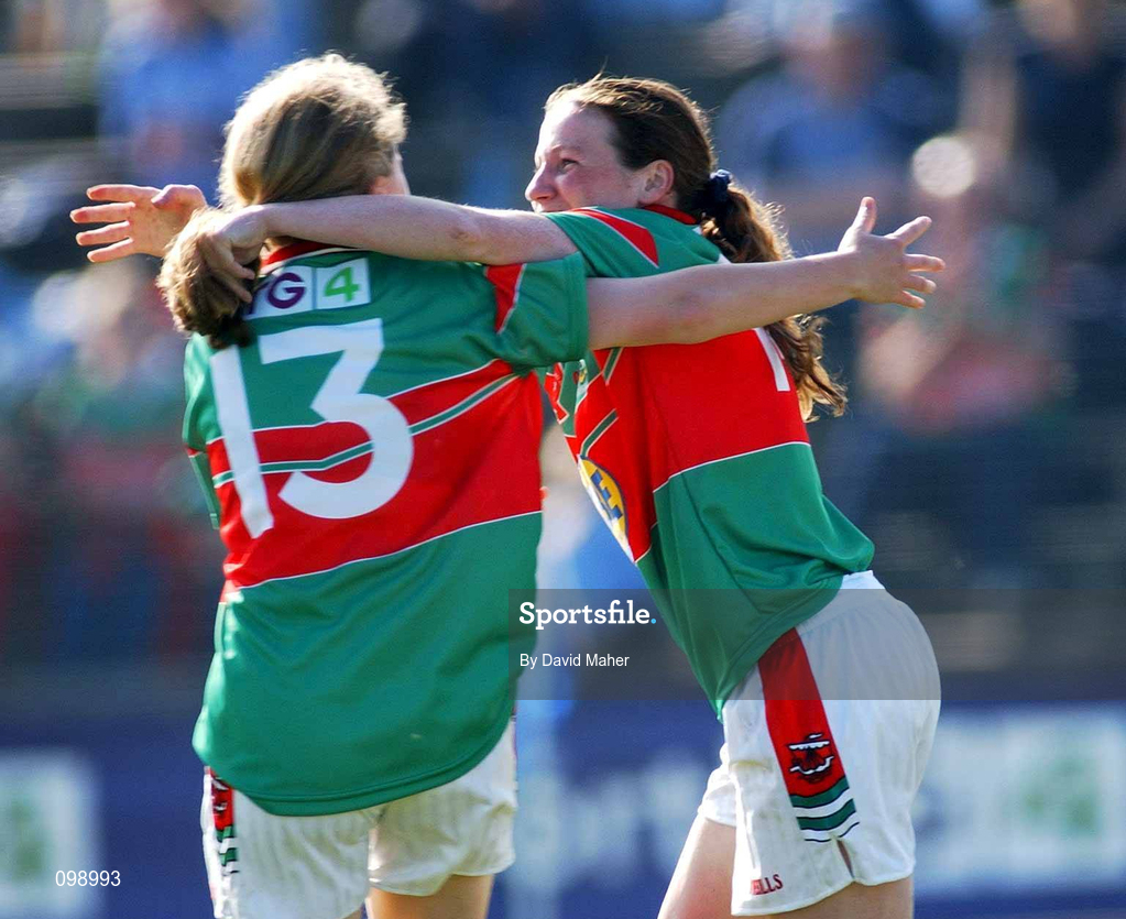 14 September 2002; Marcella Heffernan of Mayo celebrates with her team-mate Elaine Kelly, 13, after scoring her side's second goal during the All-Ireland Ladies Football Championship semi-final match between Dublin and Mayo at Pearse Park in Longford. Photo by David Maher/Sportsfile
