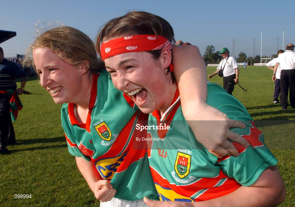 14 September 2002; Emma Mullen, left, celebrates with Mayo team-mate Michelle McGing following their victory in the All-Ireland Ladies Football Championship semi-final match between Dublin and Mayo at Pearse Park in Longford. Photo by David Maher/Sportsfile