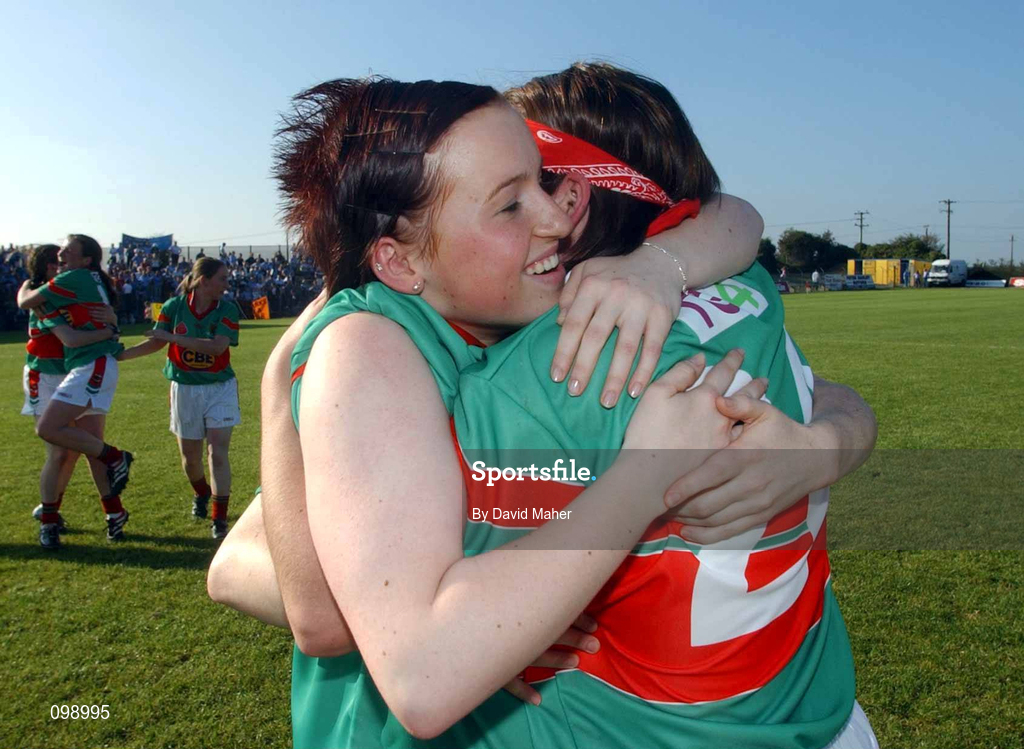 14 September 2002; Ashling McGing, left, celebrates with Mayo team-mate Michelle McGing following their victory in the All-Ireland Ladies Football Championship semi-final match between Dublin and Mayo at Pearse Park in Longford. Photo by David Maher/Sportsfile