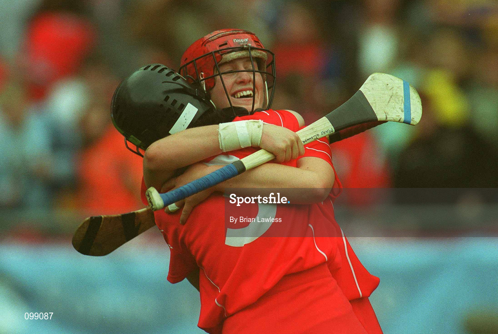 15 September 2002; Eithne Duggan, left, and Mary O'Connor of Cork celebrate their side's victory in the All-Ireland Senior Camogie Championship Final match between Cork and Tipperary at Croke Park in Dublin. Photo by Brian Lawless/Sportsfile