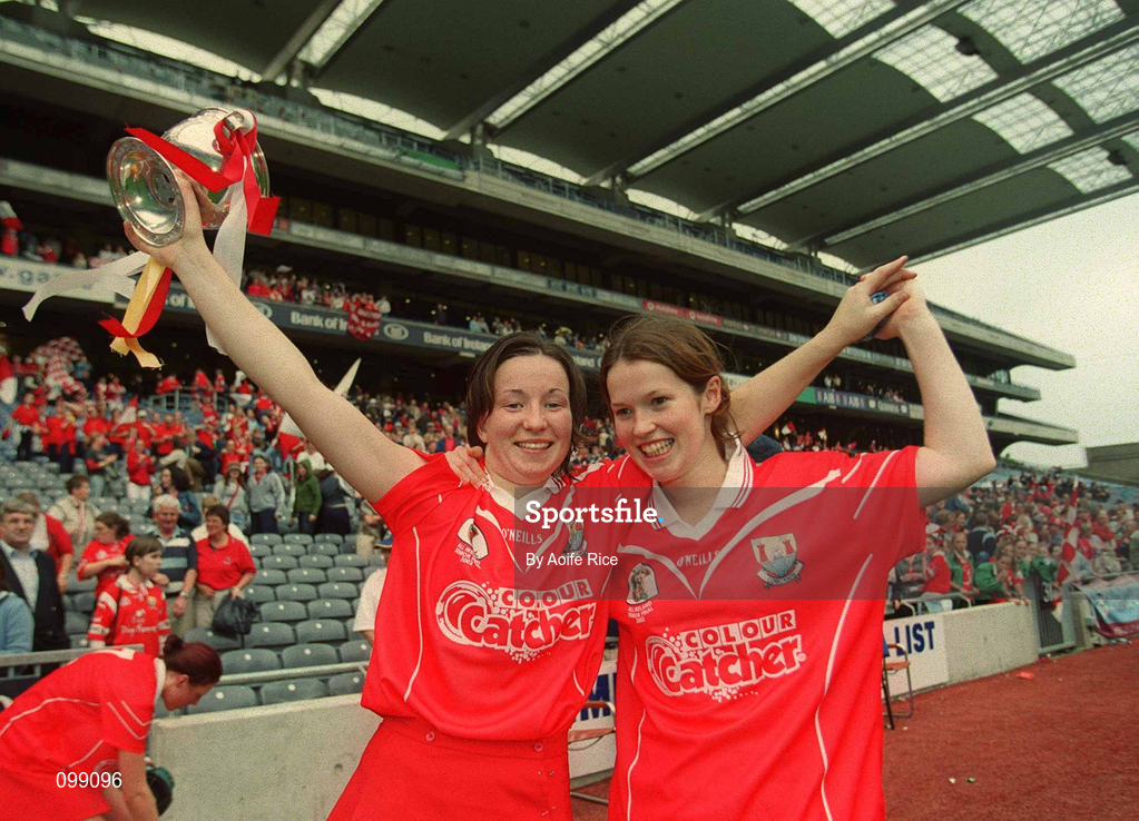 15 September 2002; Cork captain Una O'Donoghue, left celebrates with team-mate Elaine Burke celebrate following the All-Ireland Senior Camogie Championship Final match between Cork and Tipperary at Croke Park in Dublin. Photo by Aoife Rice/Sportsfile