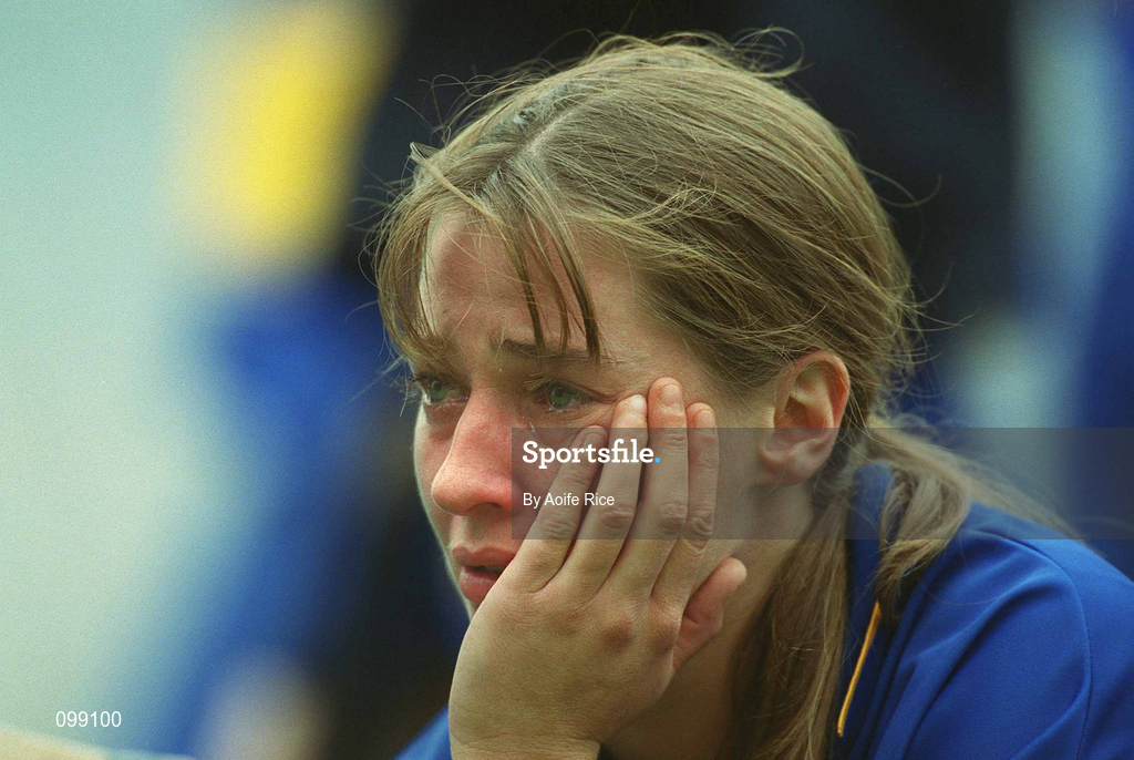 15 September 2002; Sinead Nealon of Tipperary dejected following her side's defeat in the All-Ireland Senior Camogie Championship Final match between Cork and Tipperary at Croke Park in Dublin. Photo by Aoife Rice/Sportsfile