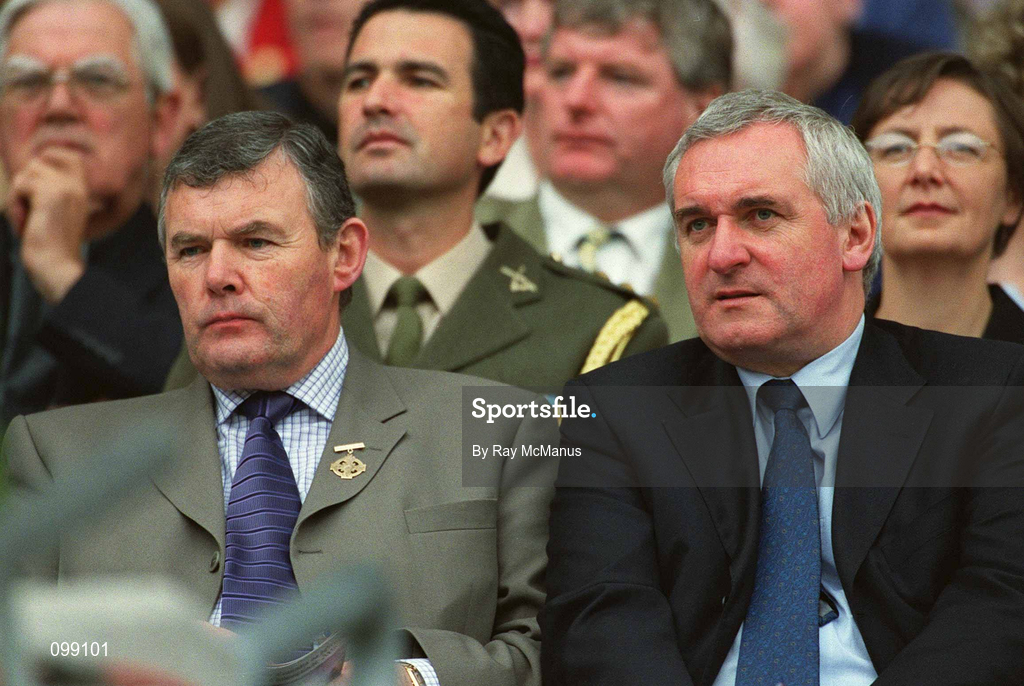 15 September 2002; An Taoiseach Bertie Ahern TD and GAA President Sean McCague, left, during the All-Ireland Senior Camogie Championship Final match between Cork and Tipperary at Croke Park in Dublin. Photo by Ray McManus/Sportsfile