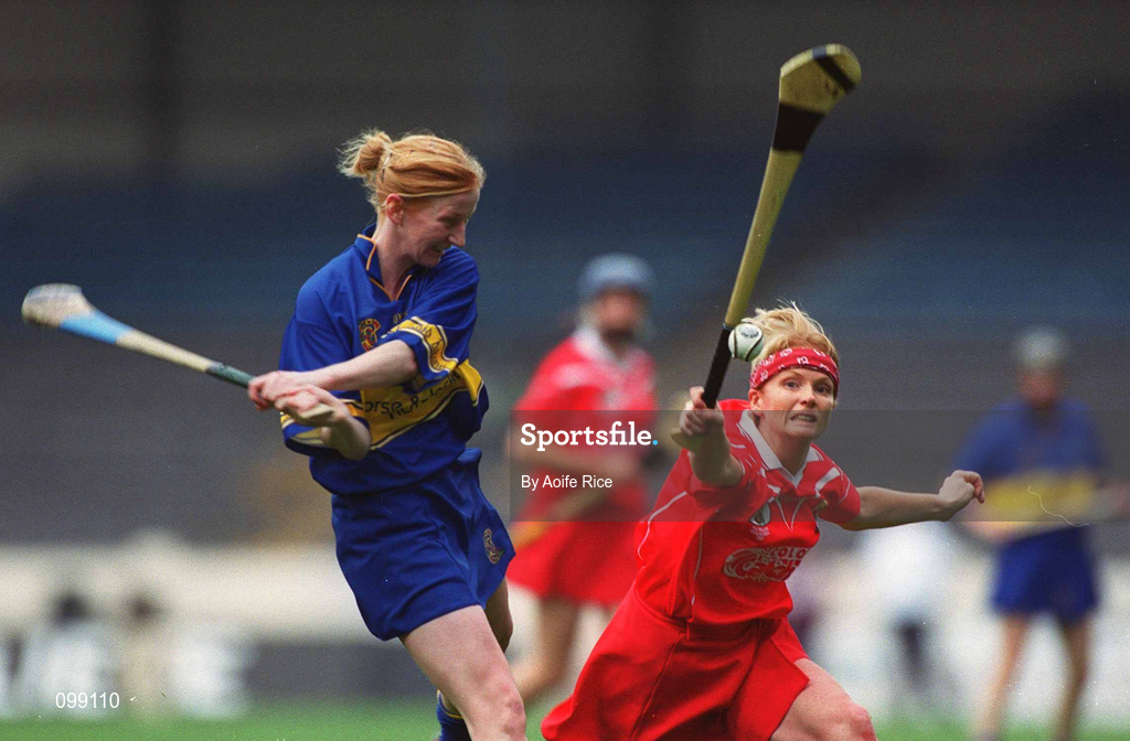 15 September 2002; Therese Brophy of Tipperary in action against Linda Mellerick of Cork during the All-Ireland Senior Camogie Championship Final match between Cork and Tipperary at Croke Park in Dublin. Photo by Aoife Rice/Sportsfile