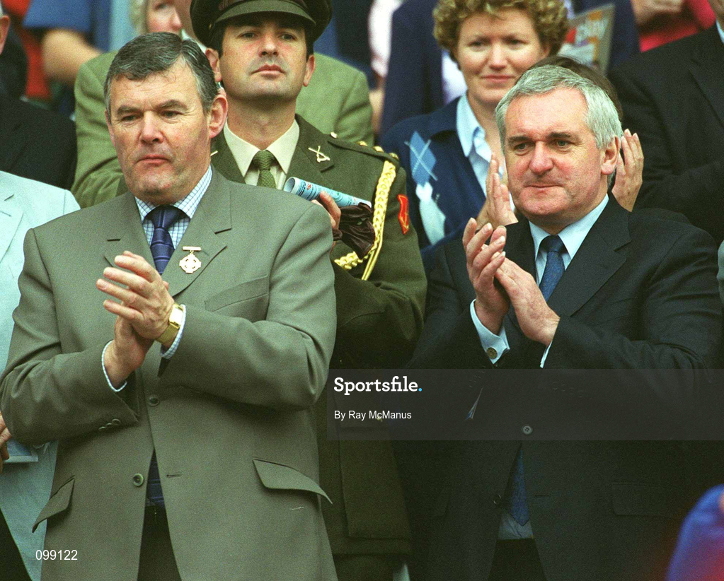 15 September 2002; An Taoiseach Bertie Ahern TD and GAA President Sean McCague, left, during the All-Ireland Senior Camogie Championship Final match between Cork and Tipperary at Croke Park in Dublin. Photo by Ray McManus/Sportsfile