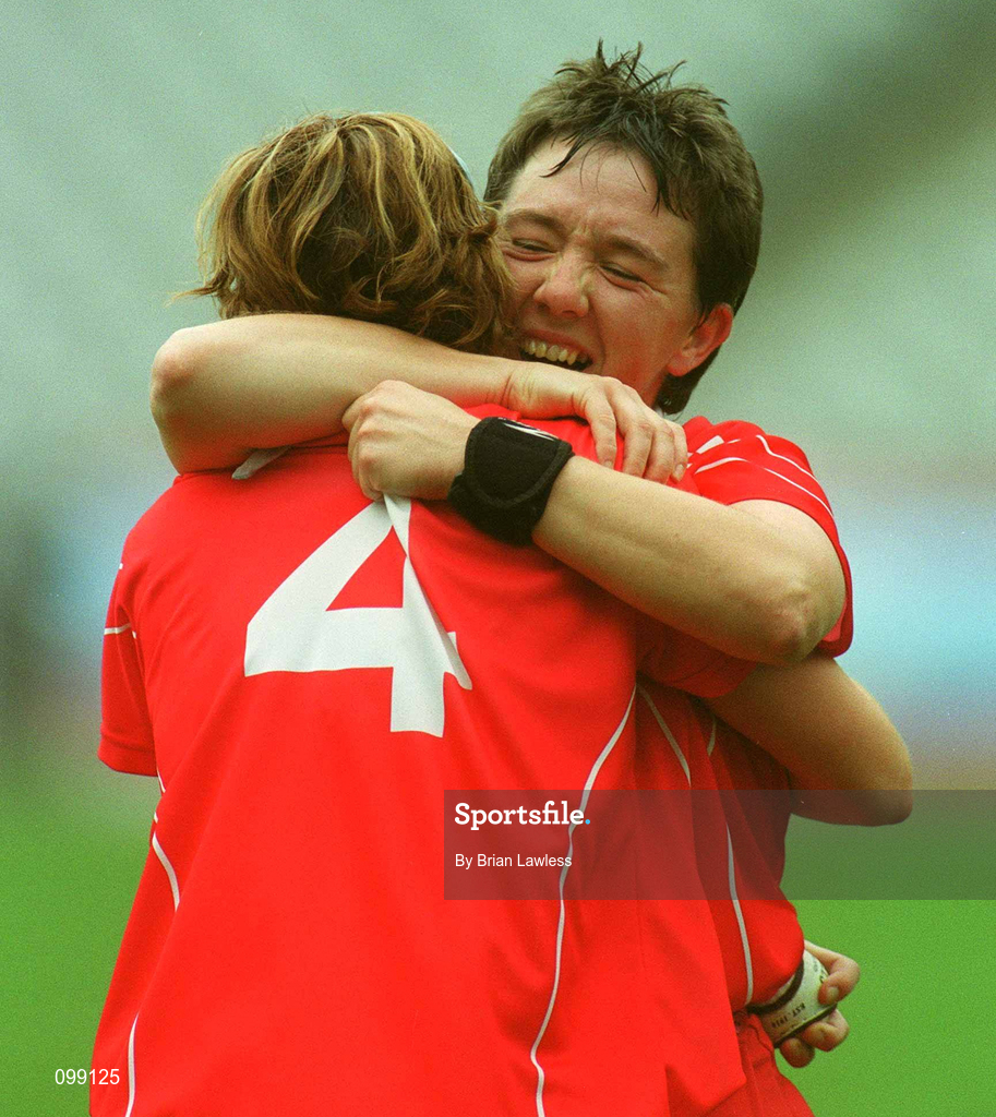 15 September 2002; Fiona O'Driscoll celebrates with Cork team-mate Stephanie Dunlea following the All-Ireland Senior Camogie Championship Final match between Cork and Tipperary at Croke Park in Dublin. Photo by Brian Lawless/Sportsfile